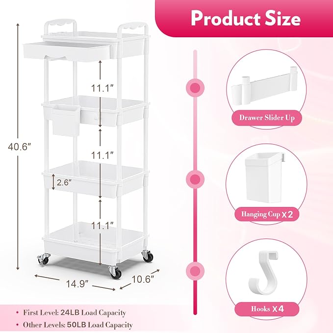 SUNALLY Makeup Cart Organizer with Drawers, 4 Tier Floor Skincare Organizers for Vanity, Rolling Makeup Bathroom Storage Cart Cosmetics Display Cases for Skin Care Perfume Nail Polish, White
