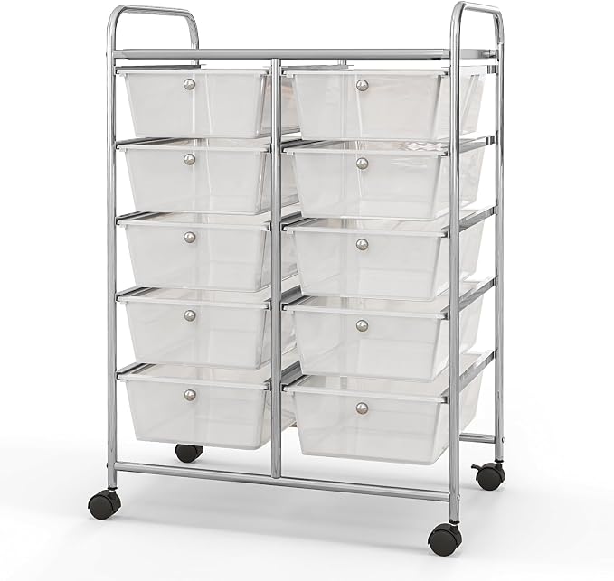Giantex 10 Drawers Rolling Cart, Classroom Organizers, Storage Cart with Wheels, for Teacher Office Home School Supplies Tool Craft Art Paper, Clear White