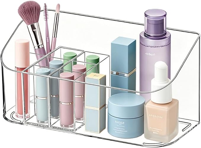 Makeup Tray Holder Organizer Cosmetic Display Case Tabletop Desktop Vanity Countertop Bathroom Wall Cabinet Medicine Storage Box 9 Dividers 2 Removable Women Ladies Girls Gifts Crystal Clear 1 PACK