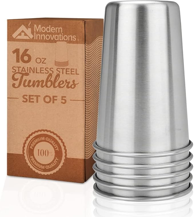 Modern Innovations 16 Ounce Stainless Steel Pint Cups - Stackable Pint Cup Tumblers For Travel – Metal Cups For Drinking Outdoors - 16 Oz Reusable Steel Cups - 5 Pack