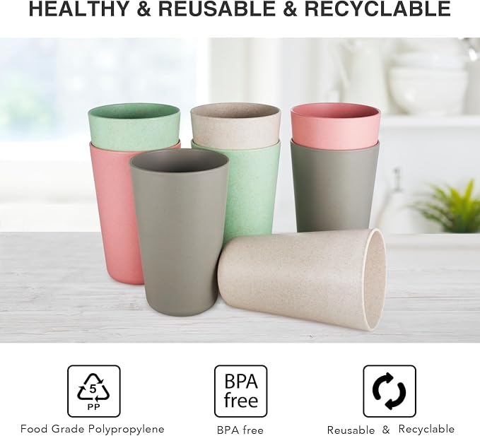 Premium Wheat Straw Cups 20 oz Set of 8 Alternative to Plastic Cups Reusable Unbreakable Drinking Cup Dishwasher Safe Water Glasses Tumblers, INS