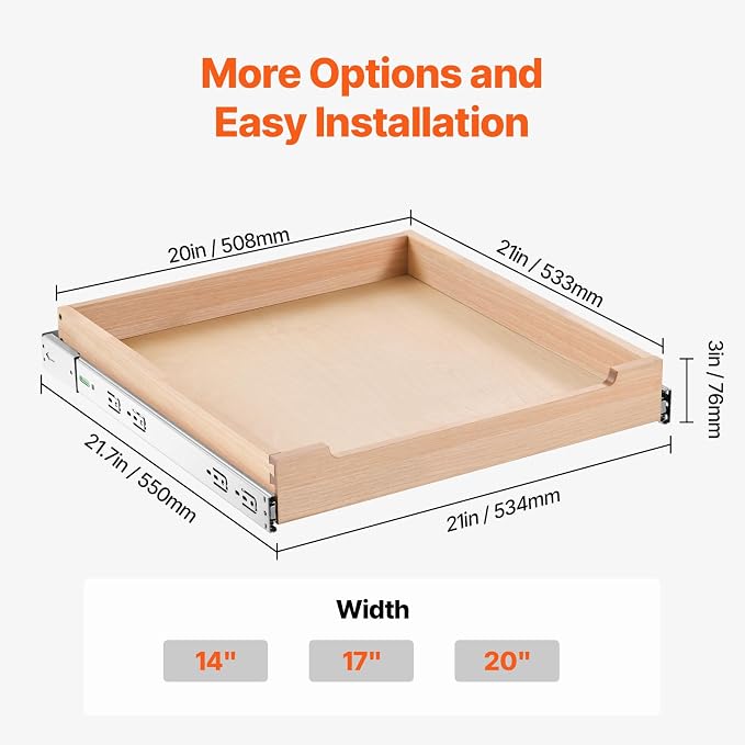 VEVOR Pull Out Cabinet Organizer, 20"W x 21"D Cabinet Drawer, Soft Close Slide out Shelf, Heavy-Duty Sliding Wood Drawer, Bottom Mount Size（20.5"W x 23"D）and Side Mount Size（21"W x 23"D）