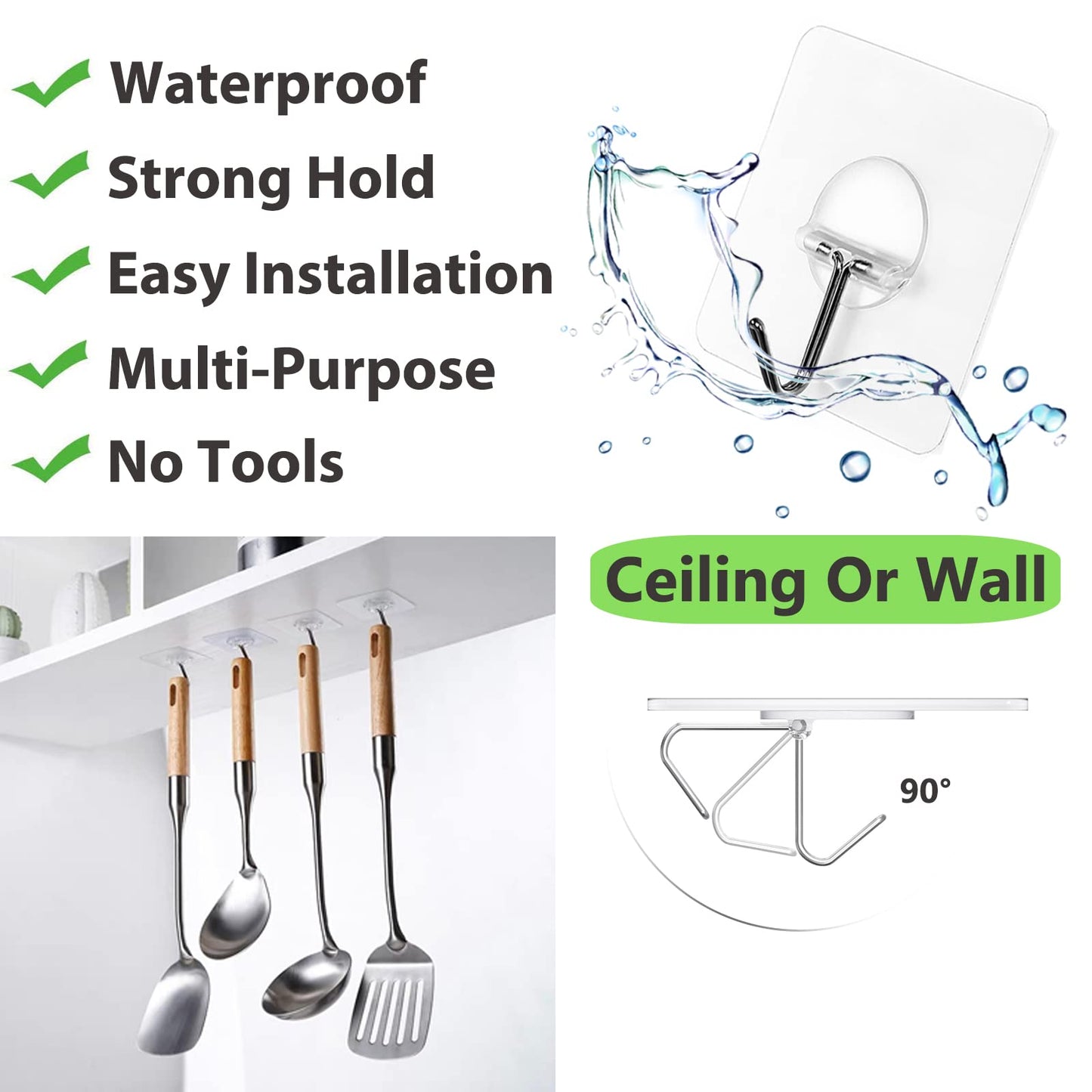 JINSHUNFA Adhesive Wall Hooks 13LB Heavy Duty No Drill Transparent Waterproof Hooks for Bathroom Kitchen Towel Coat 12 Pack