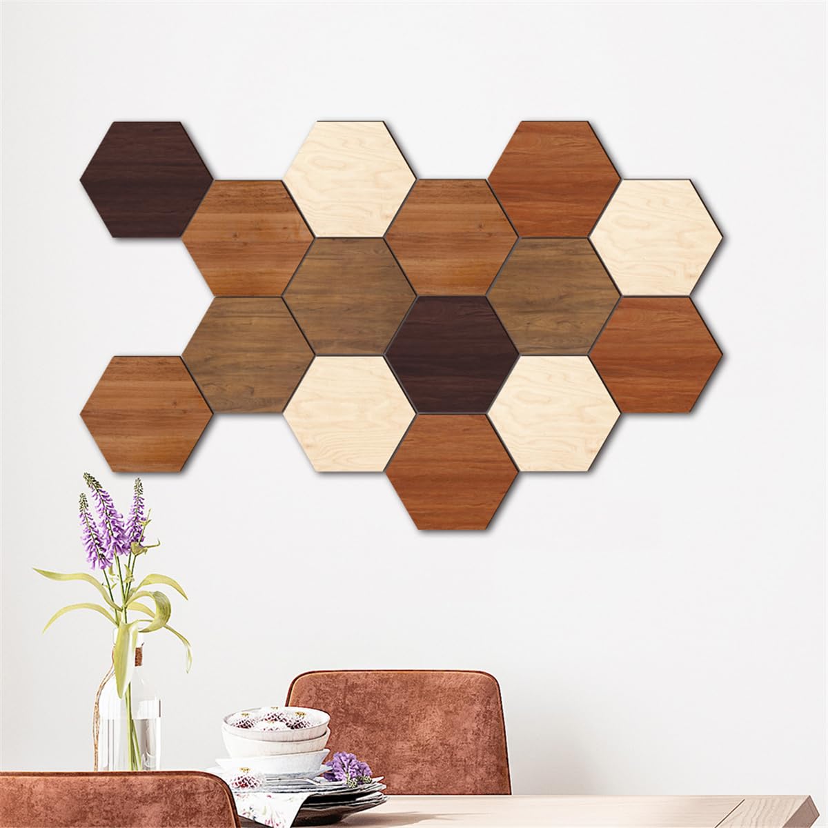 Wooden Multi Color Wall Art Decals, 15 PCS 3D Hexagon Wall Tiles for Office, Living Room, Bedroom, Home