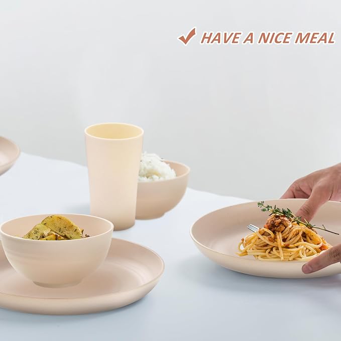 18pcs Wheat Straw Dinnerware Sets Service for 6 SANLUNS Unbreakable Reusable Dinnerware Set Kitchen Cups Round Plates and Bowls Sets Microwave Dinnerware Set for Kitchen Travel Camping