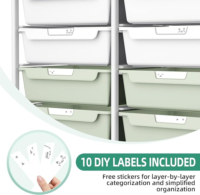 10 Drawers Rolling Cart with Wooden Tabletop, Utility Storage Cart with Wheels, Art Supply Craft Organizer on Wheel with Metal Frame & Handles for Home Office School,Green