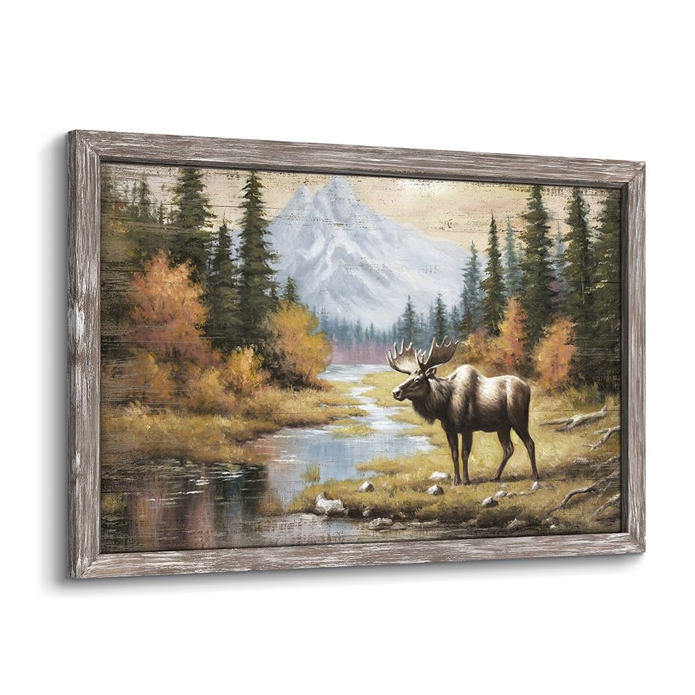 Wildlife Painting Framed Wall Art: Majestic Moose in Forest Picture Rustic Wild Animal Artwork Elk Deer Prints for Living Room Farmhouse Bedroom