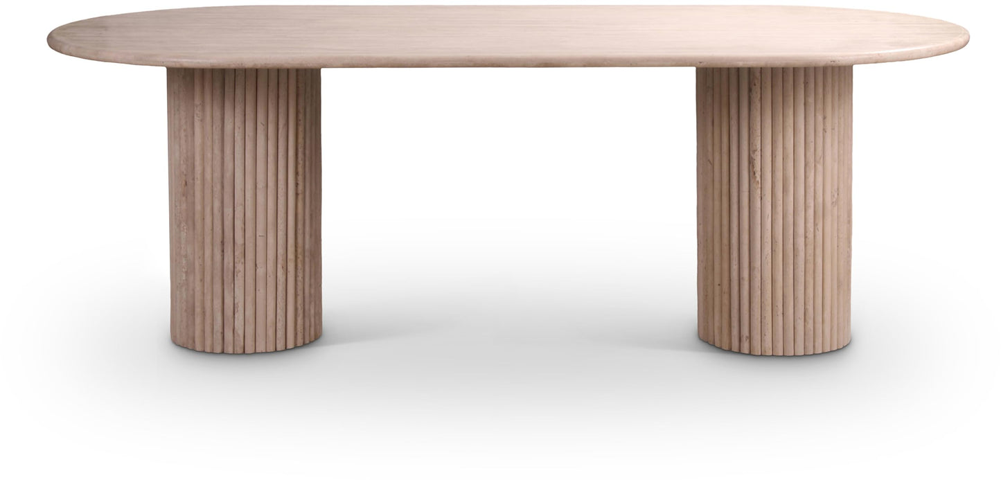 Meridian Furniture Messina Collection Art Deco Travertine Dining Table, Fluted Travertine Bases, Oval Top, 87" W x 39.5" D x 30" H, Beige Travertine