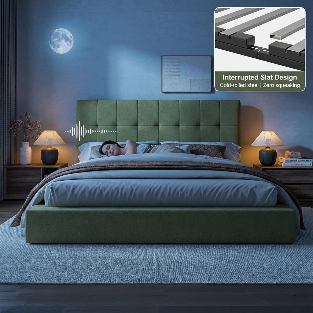 Lab Cosi Queen Cloud Bed Frame, Heavy Duty Upholstered Platform Bed with 2 Support Beams & Crossbar, 5.9" Thickened Foam for Safety, Easy Assembly, No Box Spring Needed, Exclusive Sage Green