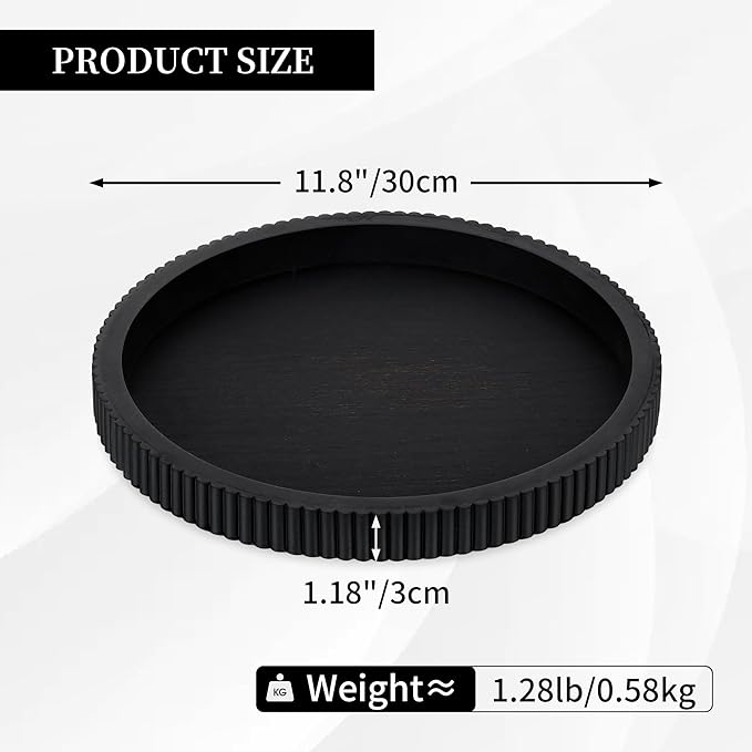 Hanobe Decorative Tray for Coffee Table: 12" Black Round Centerpiece Tray for Home Decor - Wood Modern Farmhouse Decor for Living Dining Room Kitchen Island Tabletop