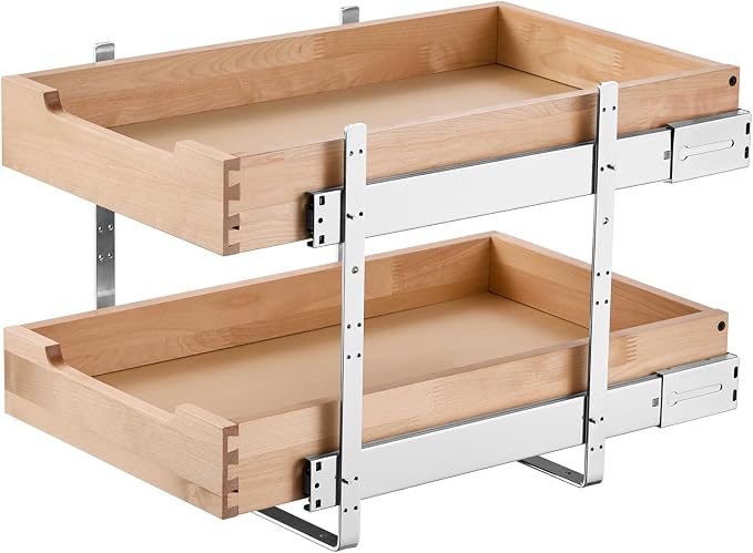 VEVOR 2 Tier Pull Out Cabinet Organizer, 14" W x 21" D Cabinet Drawer, Soft Close Slide out Shelf, Heavy-Duty Sliding Wood Drawer, Adjustable Base Cabinet Organization for Kitchen Pantry Bathroom