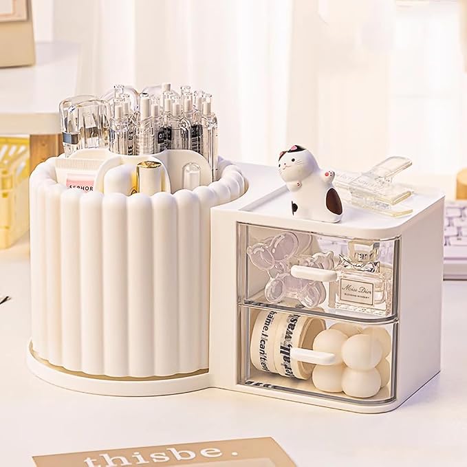 Makeup Organizer Countertop, 360 Rotating Makeup Brush Holder with 2 Drawer Organizer, Small Preppy Kids Desk Organizer, 9.25x5.11 Inch, White