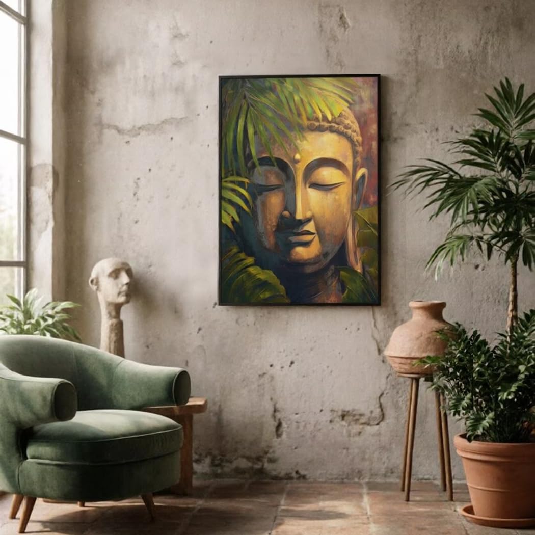 Buddha Head Canvas Wall Art, Framed 24x36 Inch Zen Buddhist Painting, Large Spiritual Meditation Room Decor, Buddha Print With Gold Decoration for Living Room Bedroom Yoga Studio, Ready to Hang