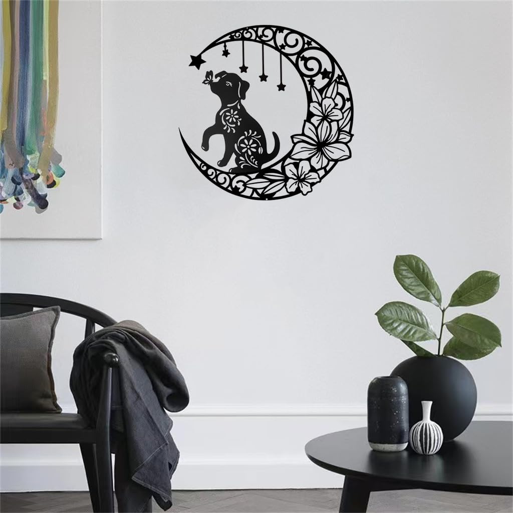 Gemseek Cute Black Metal Dog Wall Decor, 12 Inch Moon Dog Wall Art Hanging Sculpture for Living Room Bedroom Bathroom Decoration Home Accents Dog Lovers Gift