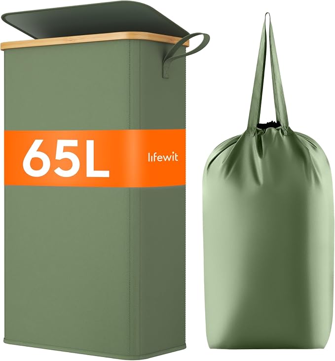 Lifewit 65L Slim Laundry Hamper with Lid, Narrow Laundry Basket with Removable Bag & Bamboo Handles, Fodable Thin Dirty Clothes Hamper for Laundry Collapsible Bin for Bathroom Bedroom Dorm, Green