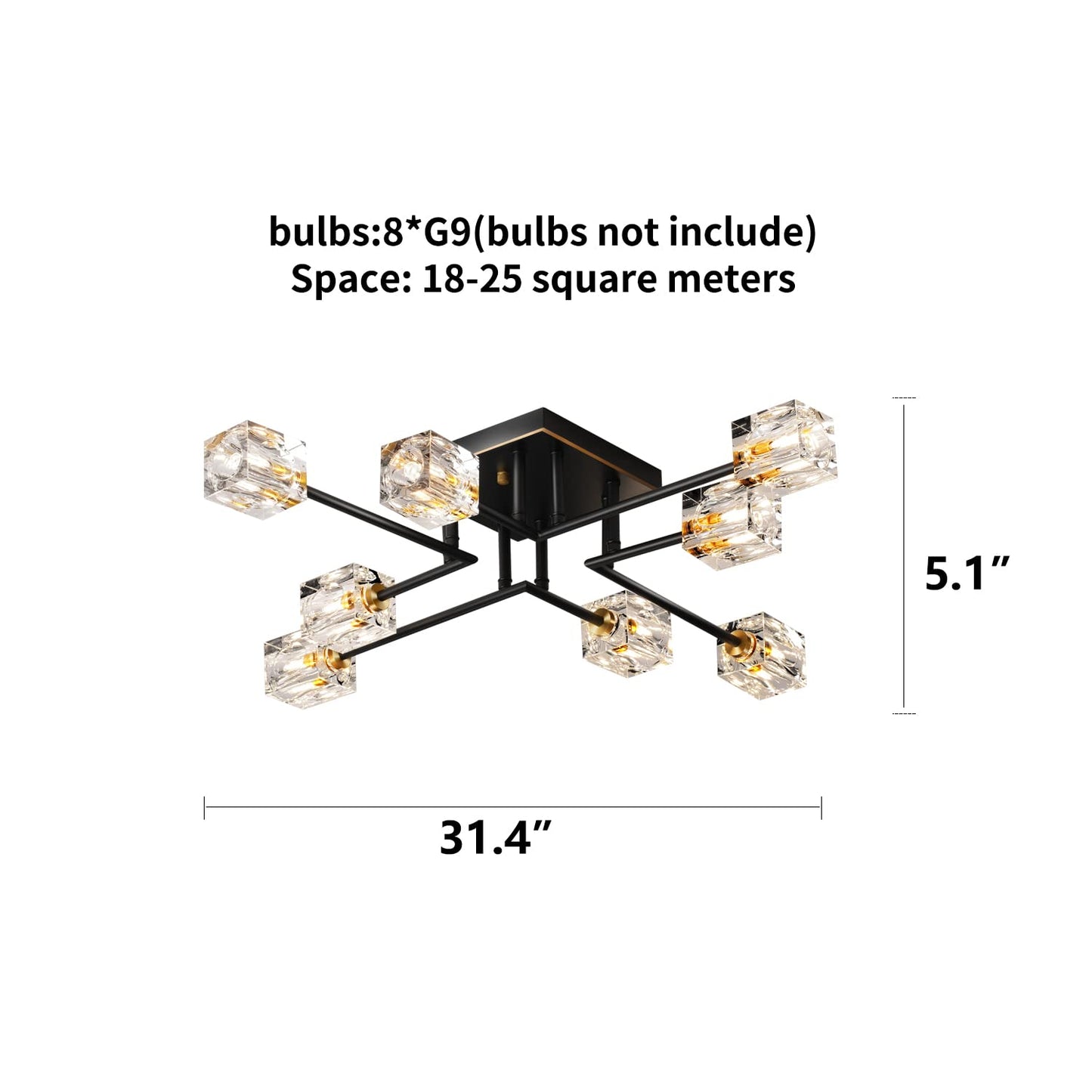 8-Lights Semi Flush Mount Ceiling Light Fixture,Black and Gold Modern Crystal Chandeliers,Farmhouse Lighting Fixtures for Dining Room Living Room Kitchen Bedroom Entryway