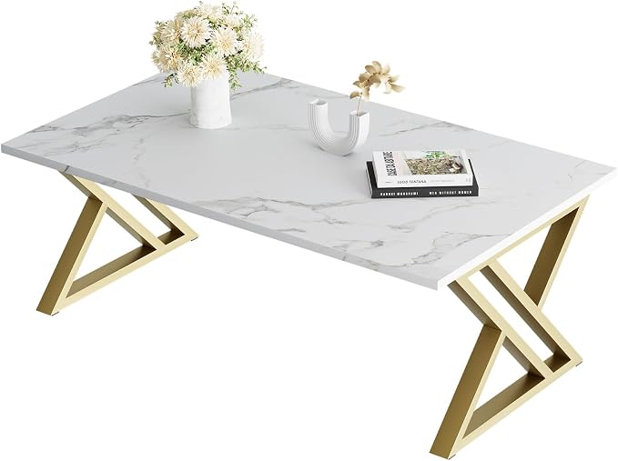 Wolawu Coffee Table Living Room Table White Center Table, Simple Modern Faux Marble Rectangular Tea Tables with Sturdy Gold Metal Frame,Industrial Wooden Coffee Table for Bedroom Home Office