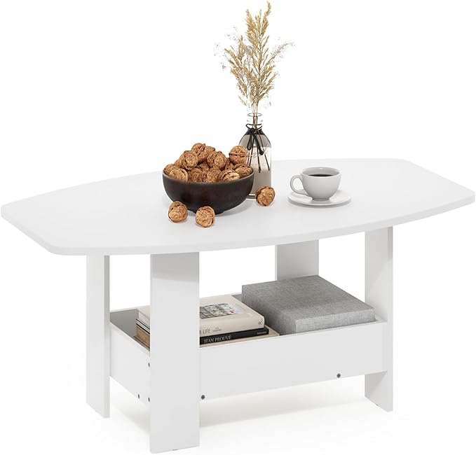 Furinno Simple Coffee Table with Lower Shelf, 2-Tier Modern Coffee Table, Roundecorner Side Table, for Living Room, Bedroom, Home Office, Plain White