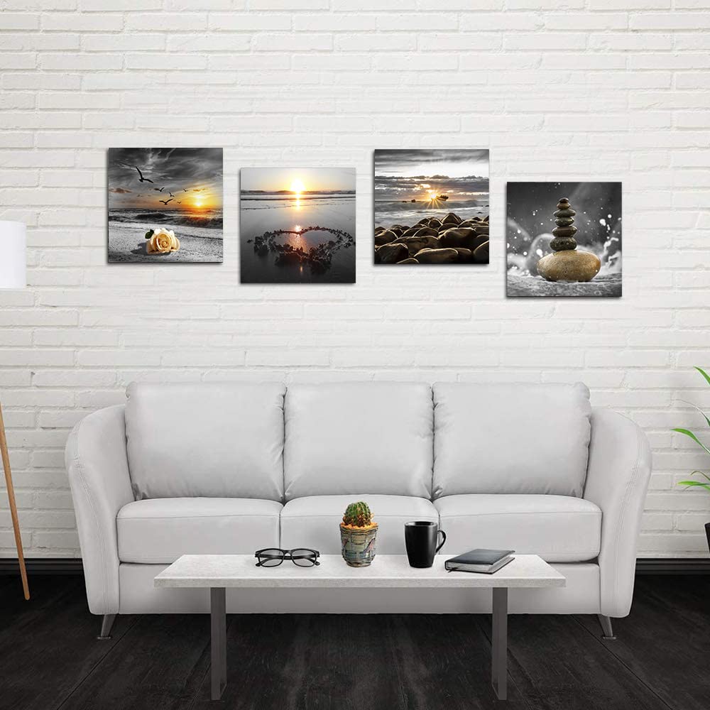 Bamdeya Beach Wall Art Canvas Zen Prints Art Black and White Wall Decor Gold Sea Sunset Seascape Wall Pictures Ocean Sunrise Love Painting for Living Room Bathroom Decor Home Decoration Framed