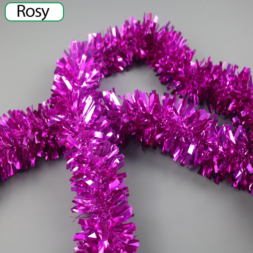 33Ft Christmas Tinsel Garland Shiny Thick Rosy Tinsel Decor Xmas Tree Decorations Metallic Twist Foil Garland for Birthday Thanksgiving Day New Year Parties Indoor Outdoor Party Supplies - Rosy