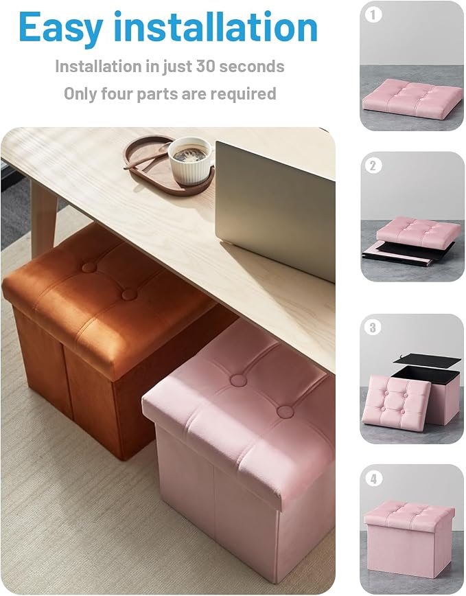 AmasSmile Storage Ottoman Foot Rest Stool, 17 inches Velvet Footstool Bench, Short Ottoman Stool, Small Folding Blanket Ottomans Store Books, Records, Pink