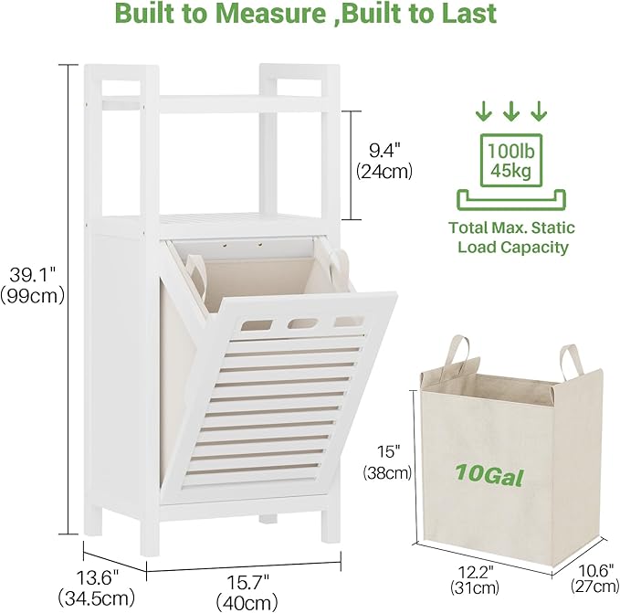 Homykic Tilt Out Laundry Hamper, 10 Gal Bamboo Laundry Storage Cabinet with Removable Basket, Hidden Hamper Organizer with Shelf for Dirty Clothes, Bathroom, Laundry Room, Space Saving, White