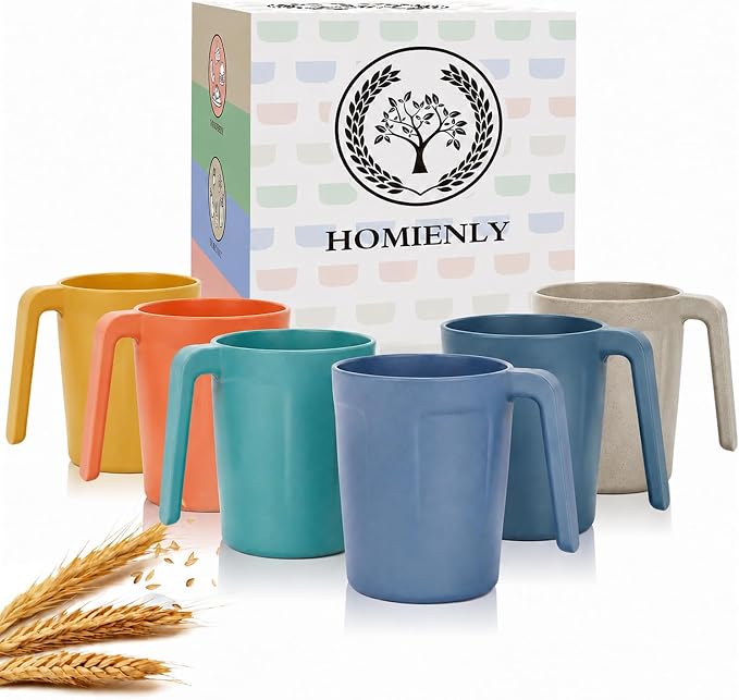 Homienly Wheat Straw Coffee Mugs, Alternative to Plastic Coffee Cups, Set of 6, Unbreakable Camping Coffee Mugs, 16 OZ Cups for Tea, Coffee, Milk, Dishwasher and Microwave Safe Kids Mug, Multi