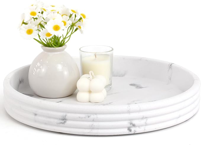 YMXYJM Round Decorative Tray - Modern Coffee Table Tray Decor, Resin Home Decor for Living Room & Bedroom. Multi-Functional Coffee Table Centerpiece with Anti-Slip Pads - 11x1.5 Inch Key Trays - White