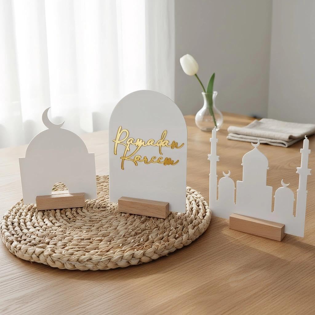 wfljl 3-Piece Ramadan Decoration for Table, Wooden Eid Mubarak Table Decor Set with Moon and Star, Reusable Ramadan Ornaments for Home