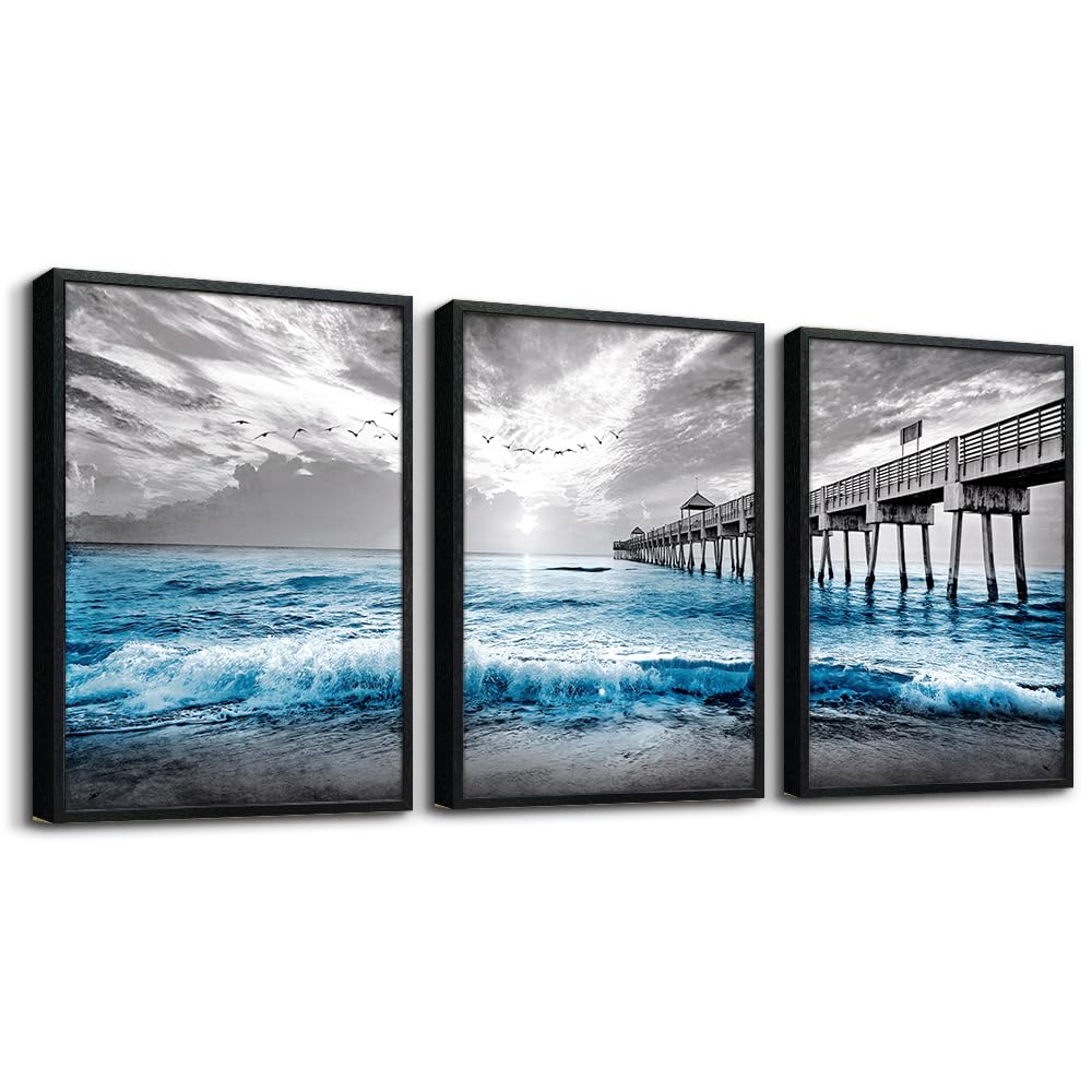 Black Framed Canvas Wall Art - Living Room, Bedroom & Office Decor - Blue Ocean Sea Wave Pictures - Modern Home Decor