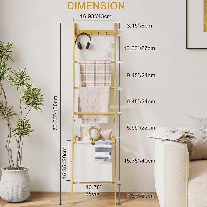 BAMBANG Bamboo Blanket Ladder with Basket, 5-Tier Quilt Rack Stand with 4 Hooks & Storage Hamper for Living Room Bathroom, Wall Leaning Decorative Ladder Shelf for Blankets Display (Natural)
