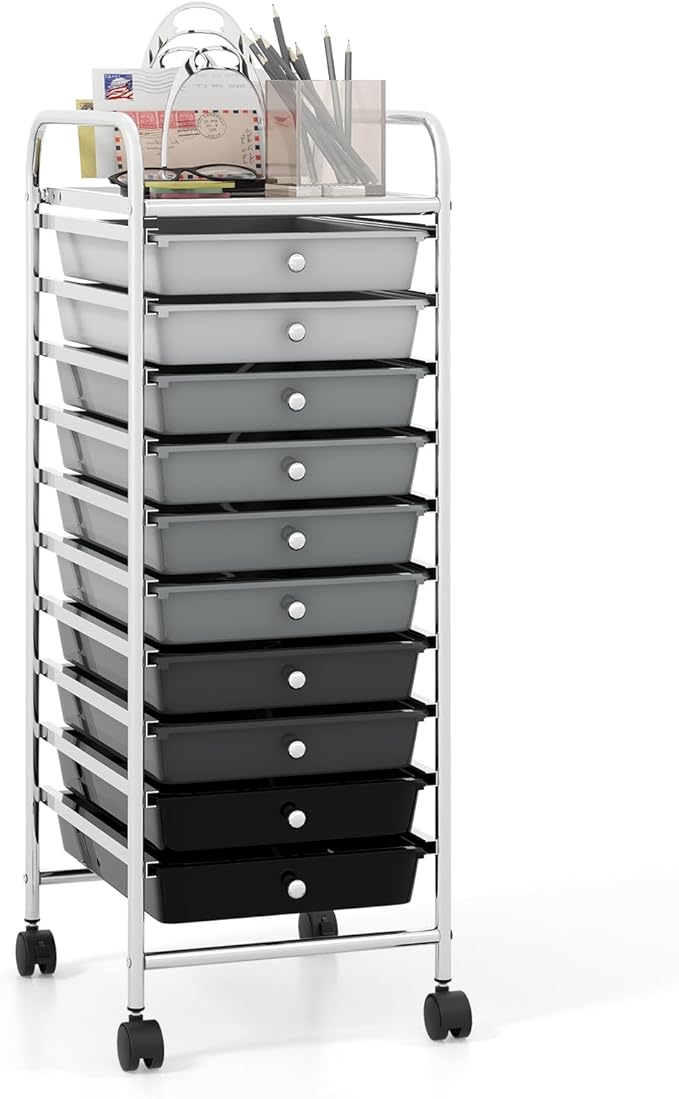 COSTWAY 10-Drawer Rolling Storage Cart, Utility Mobile Trolley with Removable Drawers & Universal Casters & 2 Brakes, Versatile Flexible Drawer Organizer Cart for Home, Office, Mixed Black