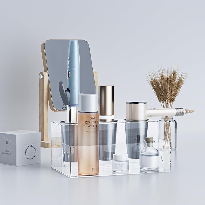 Hair Tool Organizer, Clear Acrylic Hair Dryer Holder with Insulated Cup, Bathroom Supplies Countertop Blow Dryer Holder, Vanity Caddy Storage Stand for Accessories, Makeup, Toiletries