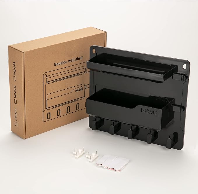 YONGAIJIA Bedside Wall Mount Shelf, Adhesive Bedside Organizer for Remote、Phone、Glasses. Bedside Accessories Storage suitable for College Dorm 、bunk bed 、 Bedroom、Rv（Black）