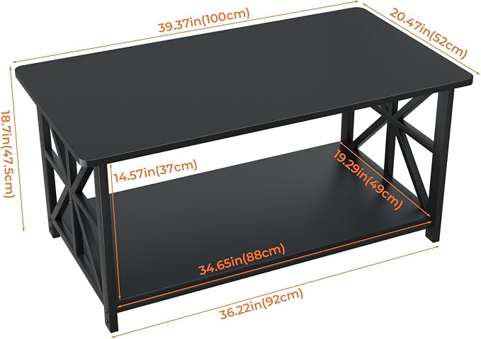 GreenForest Coffee Table with Round Corner, Farmhouse Center Table with 2-Tier Storage Shelf X-Frame Design for Living Room, 39 inch Black