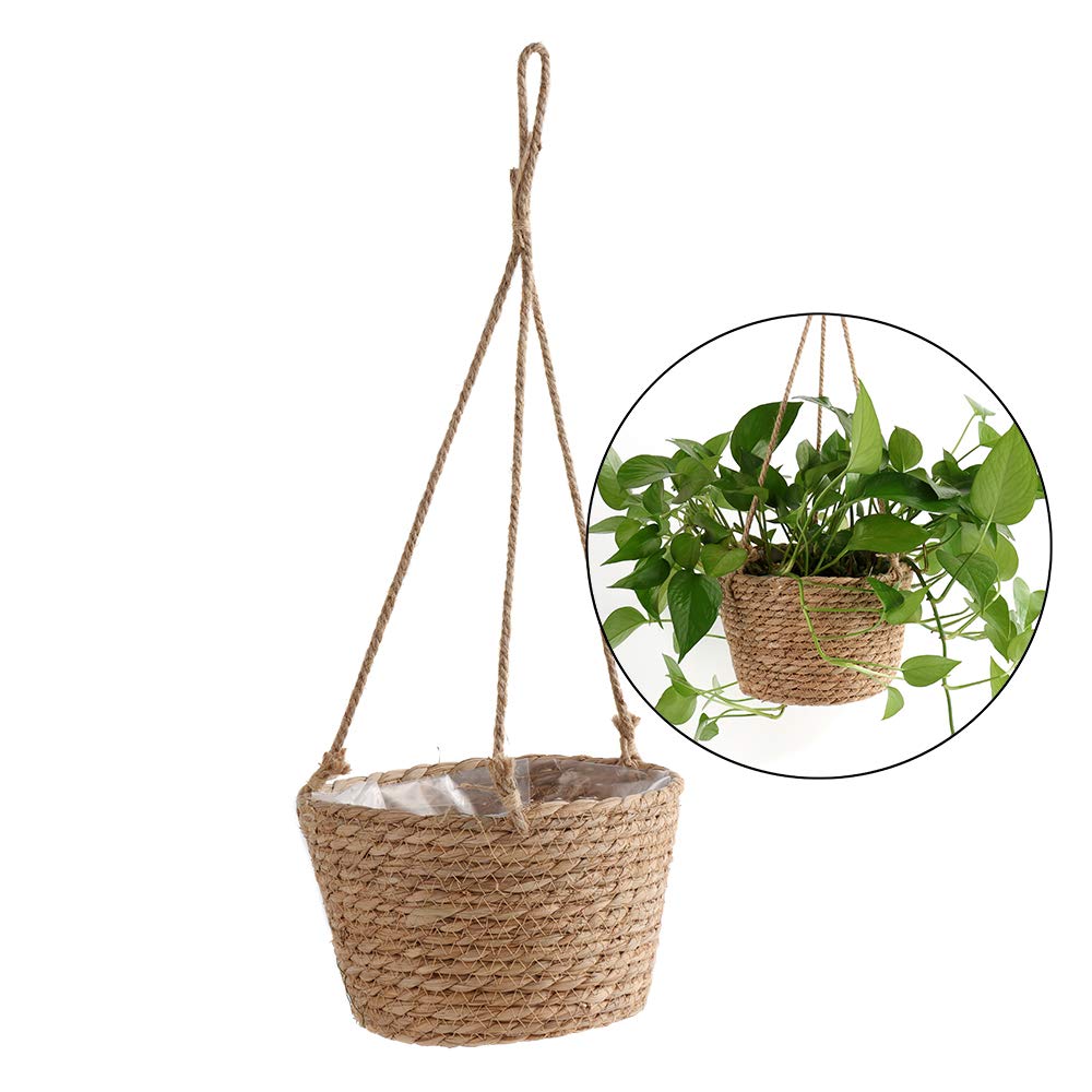 RXMORI Jute Rope Hanging Planter Basket, Rattan Woven Plant Hanger with Plastic Liner Macrame Plant Holder Storage Organizer for Plants Indoor Outdoor(Brown)