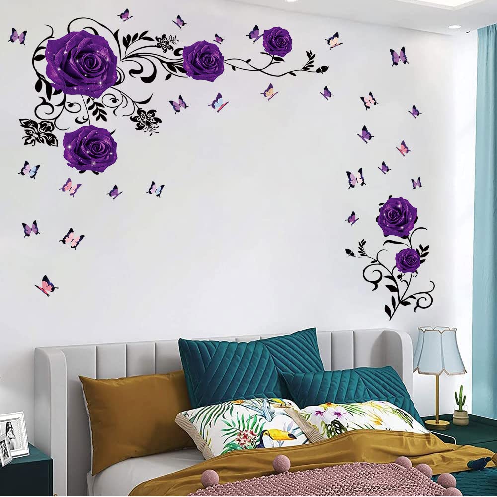 Supzone Purple Rose Wall Stickers Rose Flower Vine Wall Decal Purple Peony Floral Wall Decor DIY Vinyl Mural Art for Bedroom Living Room Sofa Backdrop