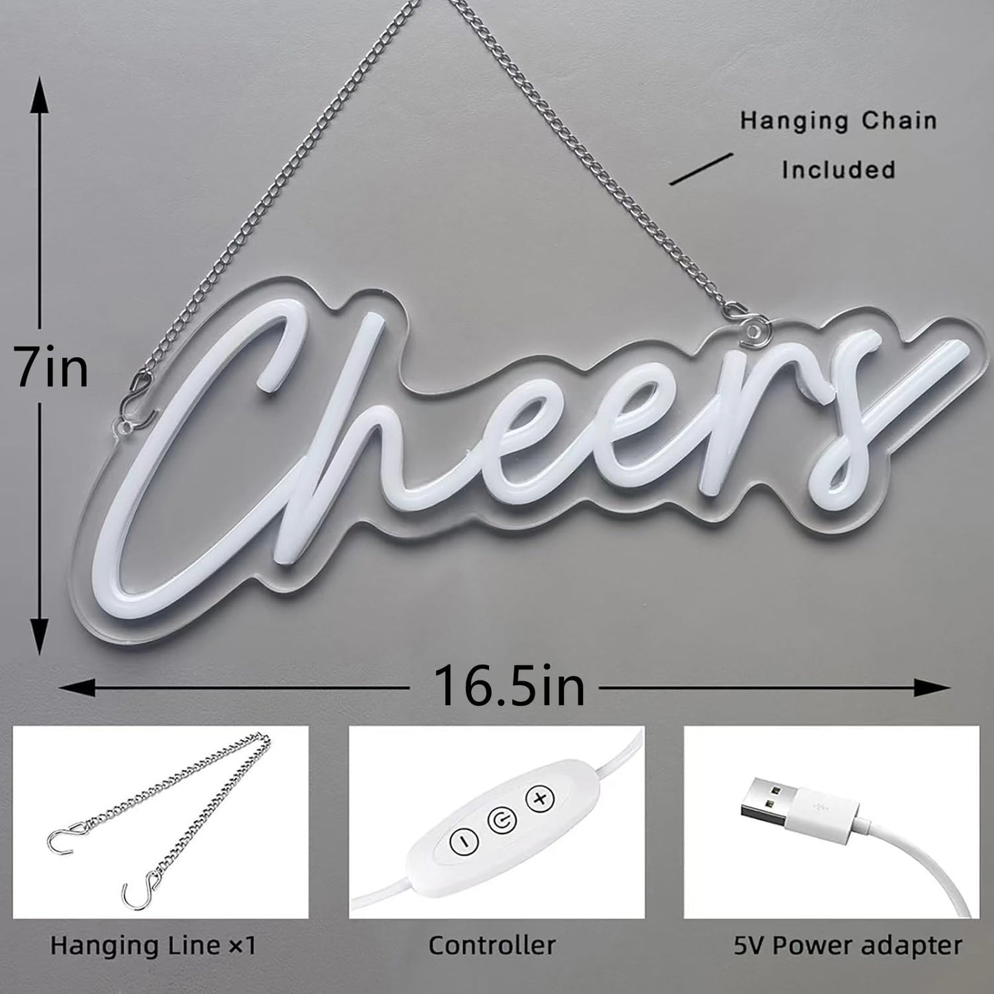 Neon Sign for Bar Home Bar Club Party Wall Decor,Cheers LED Neon With Dimmable Controller,Neon Cheers Light for Birthday Gaming Cafe Party 16.5"*7"(White)