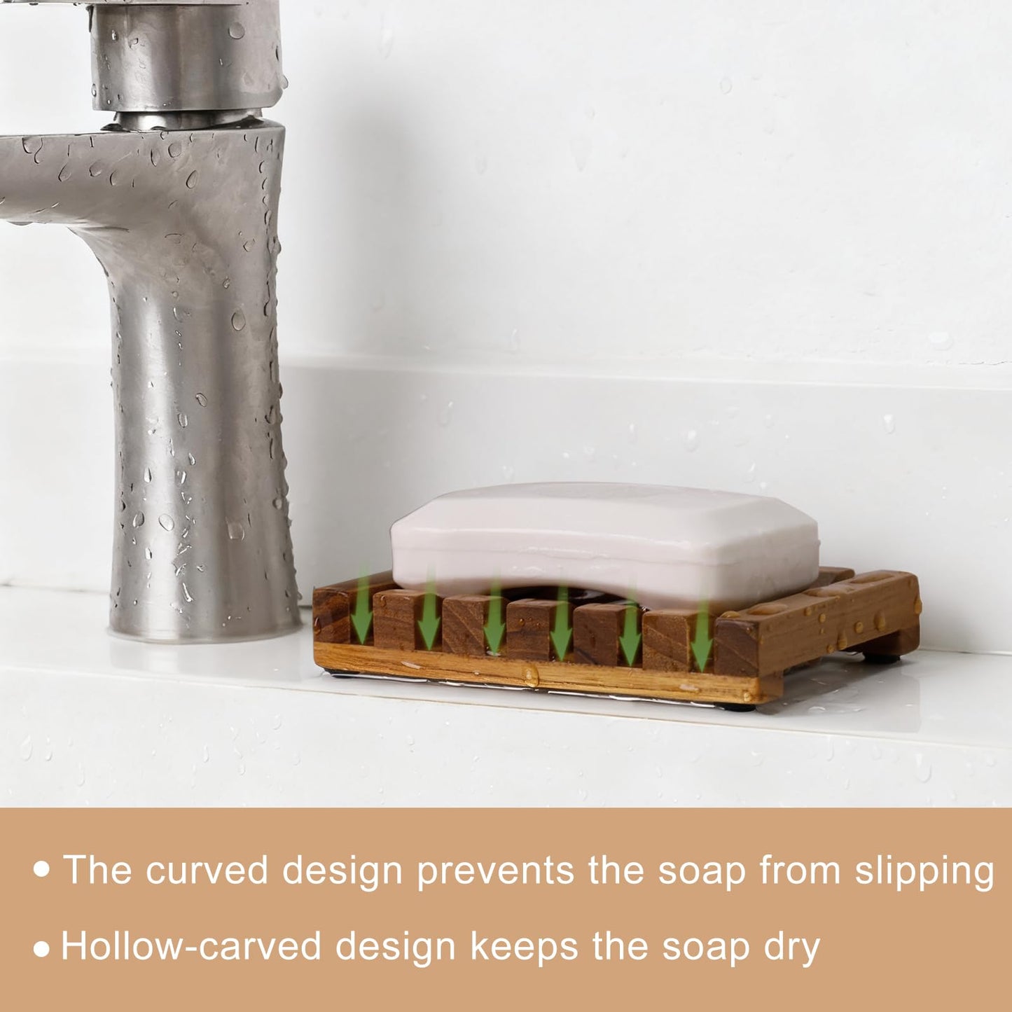 2PCS Slotted Bar Soap Holder Teak Wood by HTB, Kitchen Wooden Sponge Holder, Self Draining Soap Dish for Shower, Sink, Bathroom, Bathtub, RV