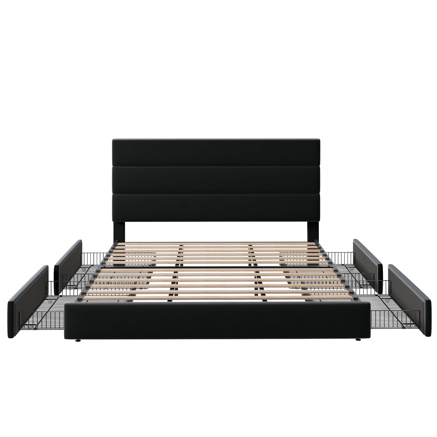 Allewie Modern King Size Platform Bed Frame with 4 Storage Drawers and Velvet Upholstered Headboard, Wooden Slats Support, Upholstered Mattress Foundation/No Box Spring Needed/Easy Assembly, Black