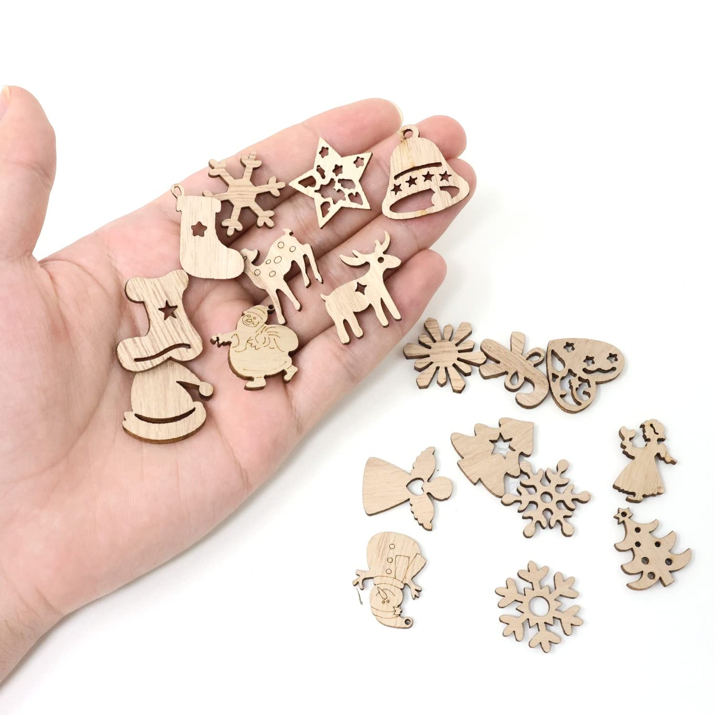 yueton 100PCS Mini Christmas Tree Snowflakes Stars Moose Bells Hats Socks Angels Christmas Unfinished Blank Wood Pieces Wood Slices Wood Chips Embellishments for DIY Crafts, Home Decoration, etc
