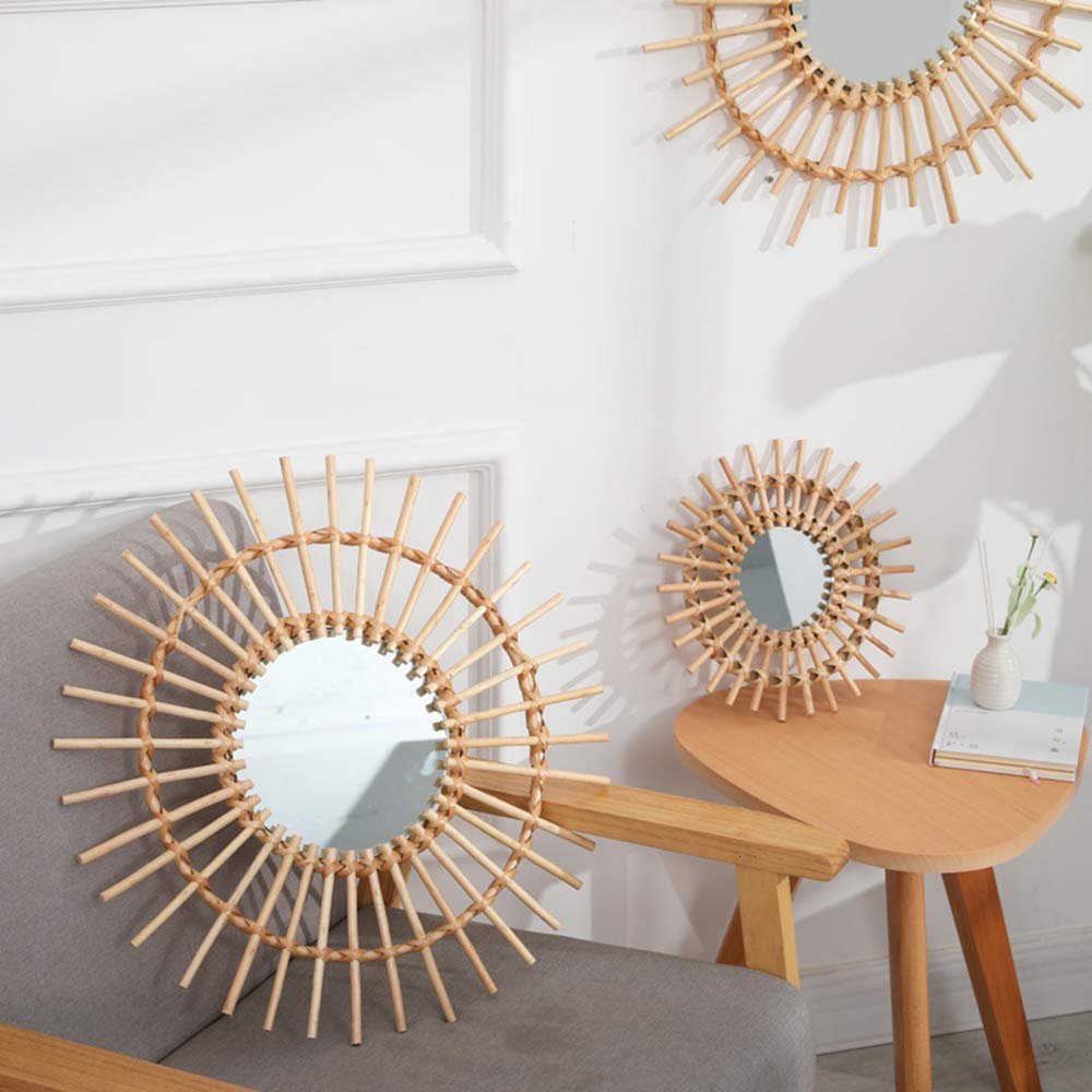 OYPEIP 12" Small Natural Rattan Sunburst Bohemian Hanging Glass Decor,Rustic Handwoven Innovative Art Decoration Round Makeup Mirror for Dressing Living Room Bedroom Bathroom Corridor,Entryway