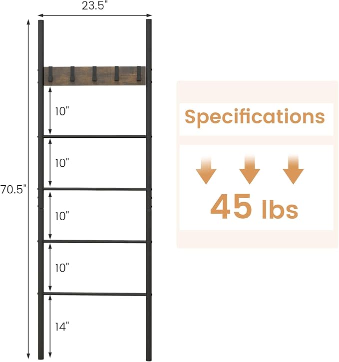 Tangkula Blanket Ladder, 5-Tier Ladder Shelf with 5 Removable Hooks, Wall-Leaning Decorative Blanket Holder with Metal Frame, Industrial Towel Display Rack for Living Room, Bathroom