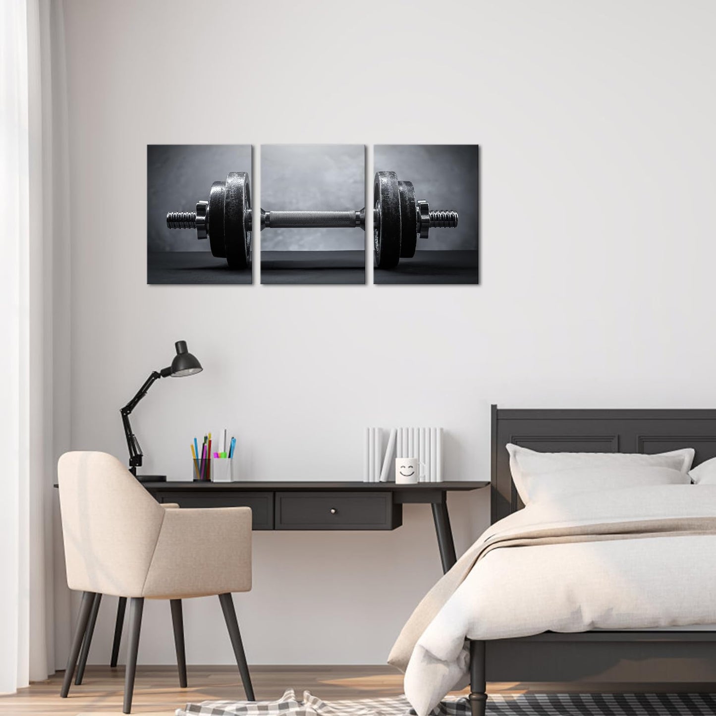 3 Piece Black White Wall Art Gym Picture Modular Dumbbells Picture Sports Artwork Sports Room Living Room Game Room Decor Framed Bedroom Decor