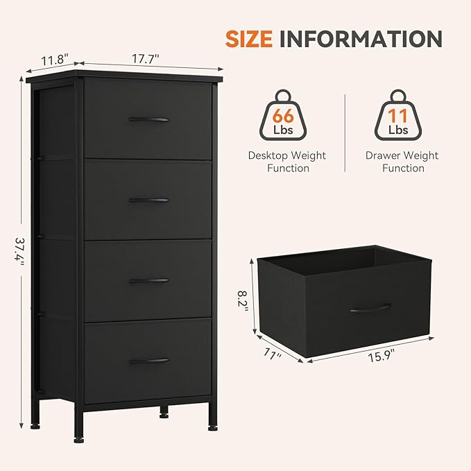 Sweetcrispy 4 Fabric Drawer Small Dresser, Bedside Nightstand with Wooden Top Sturdy Frame, Entryway Closet Bedroom Storage Cabinet Furniture for Dorm,Black