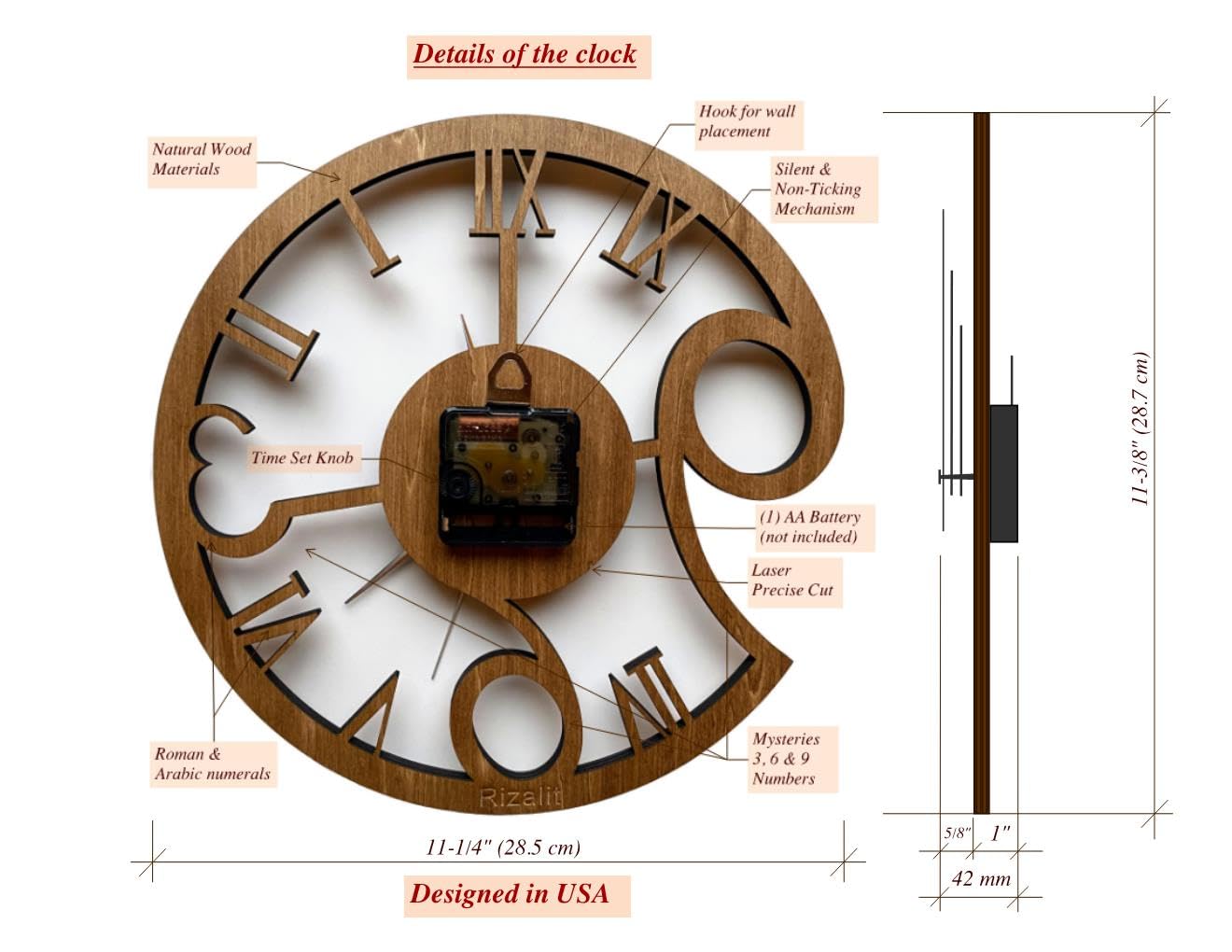 Rizalit Wood Wall Clock Artistic Modern Classic Style Unique Design 11.5 Inch for Living Kitchen Office Bedroom Silent Non Ticking Battery Operated Reloj de pared Настенные часы