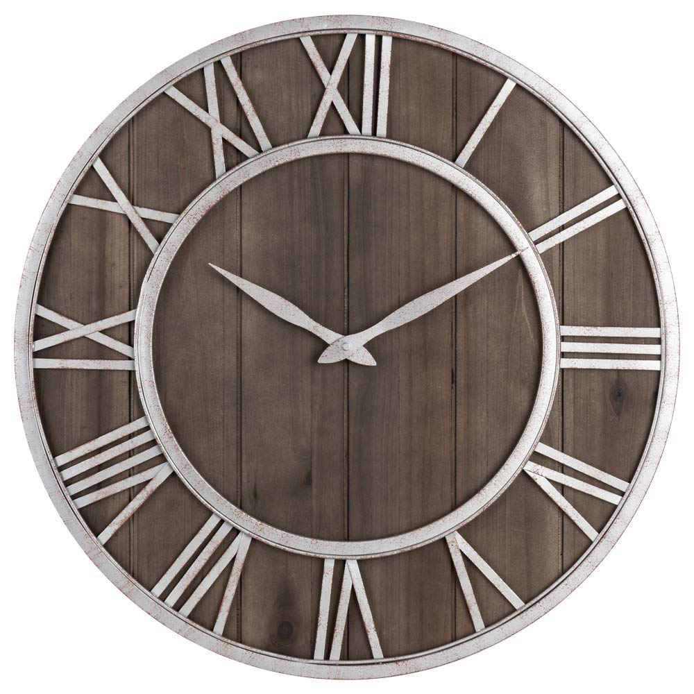 Oldtown Farmhouse Metal & Solid Wood Noiseless Wall Clock (Dark Brown, 30-inch)