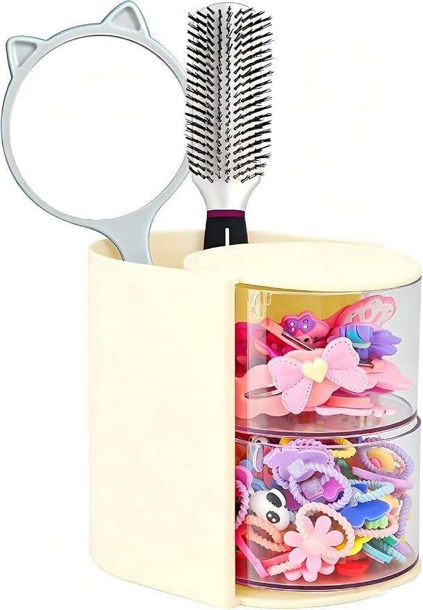 Hair Accessories Organizer with Hair Brush Holder, Rotatable Makeup Brush and Jewelry Storage Box for Hair Clips, Earrings, Necklaces, Bracelets, Rings, and Daily Accessories (Off White,2-Layer)