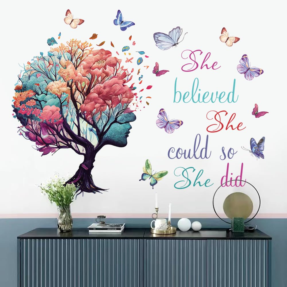 Inspirational Quotes Wall Art - 'She Believed She Could So She Did' Tree & Butterfly Decal Stickers for Women & Girls Bedroom & Living Room Decor