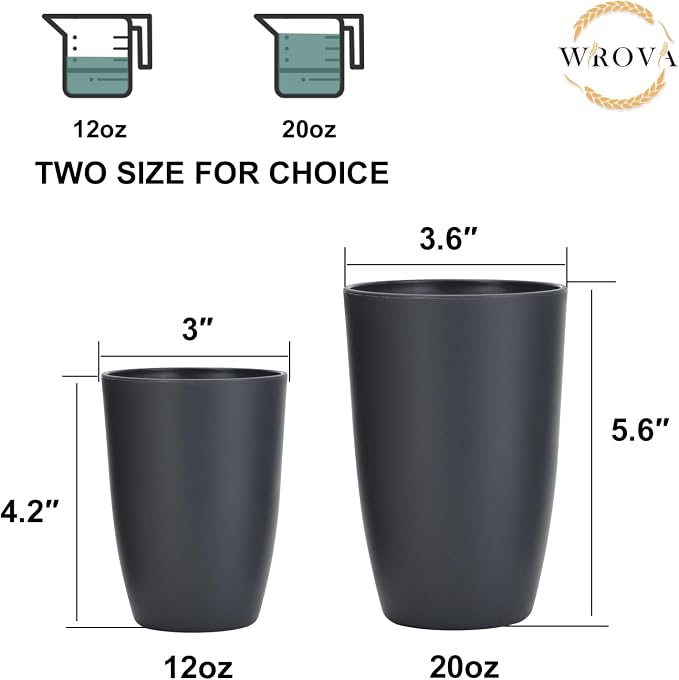 Wrova Wheat Straw Cups 8 PCS Good Alternative to Plastic Reusable Cups 12 oz Unbreakable Drinking Cup Reusable Dishwasher Safe Water Plastic Glasses Deep Grey